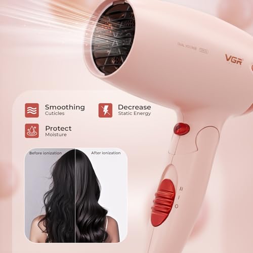 Image of VGR V-428 Foldable Hair Dryer for Men & Women | 1200 /1600W DC Motor | Cool Shot Button & 2 Speed Settings | Detachable Rear Cover | Overheat Protection | Hanging Loop (Pink)