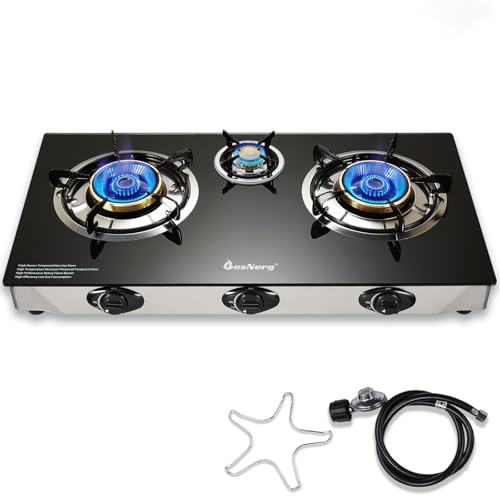 BesNerg Propane Stove 3 Burner Gas Stove, 34000 BTU High-Efficiency Auto Ignition Tempered Glass LPG Cooktop with CSA Regulator and Hose – for Outdoor Camping, RV, and Emergency Cooking