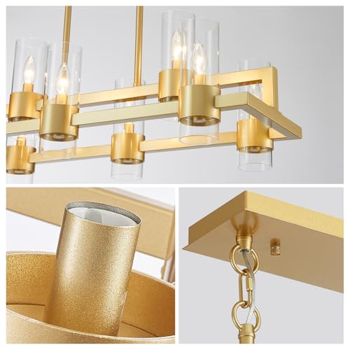 Image of WUZUPS Island Rectangle Chandelier 8-Light with Clear Glass Industrial Modern Farmhouse Linear Light Fixture for Dining Room Kithen Island, Width 33.5 inch Height 12.6 inch, Gold