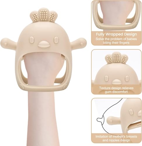 KESI ORNAMENTS Baby Teething Toys, Never Drop Hand Wrist Teether, Baby Chew Toys for Sucking Needs, Silicone Baby Mitten Teether for Soothing Teething Pain Relief, Easy to Grip (Beige) - Image 4 thumbnail