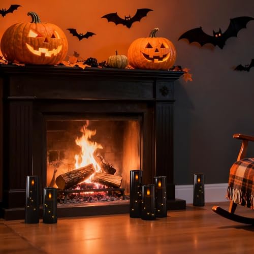 Image of Raycare Flameless Candle with Remote Timer - 5 Flickering Acrylic Battery Operated LED Pillar Candles with Embedded Star String for Halloween, Home Decor, and as a Gift(Black)