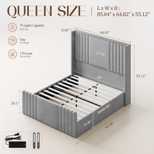 Image of Queen Bed Frame with 55.1 inch Tall Headboard, Velvet Upholstered Platform Bed with Channel Tufted Wingback, 2 Reading Lights /Storage Shelf /Charging Station /Easy Assembly /Noise-Free, Grey