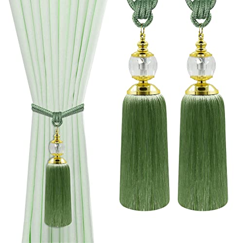 Tassel Curtain Tiebacks Boho Handmade Curtain Tie Back Holders Crystal Outdoor Farmhouse Curtain Holdbacks for Drapes Decorative Tassel Ties Hook for Sheer Curtains Green 2 Pack