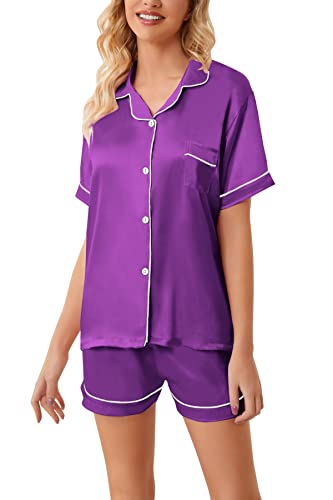 Image of Schbbbta Girls Womens Pajamas, Satin Silky Pjs Set Kids 2Pcs Button-Down Nightwear Sleepwear Gift for Mommy and me