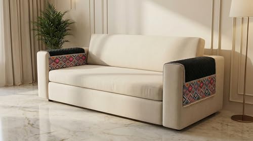 Image of Velvet Quilted Sofa Cover Mat Seat & Back, 2 Pc Arm, Arm L23in H32in, Black Color,Anti Skid Backing, 6in Hanging Strap Design, Washable Soft, Anti Slip, Se, Style -Black-ARM2