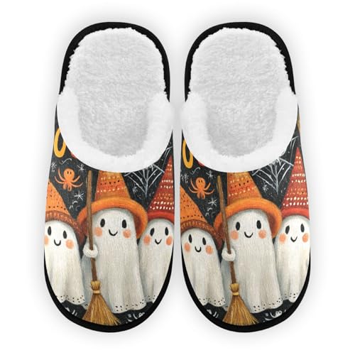 Halloween Ghosts Cartoon Orange Slippers For Women Men Soft Memory Foam Non-Slip Hallowmas Winter Indoor House Shoes Travel Slipper