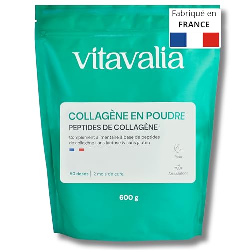 VITAVALIA - Collagène en Poudre 600g - 2 Mois - Peptides de Collagène Bovin - Peau, Articulations, Cheveux & Ongles - Hydrolysé, Assimilation Rapide - Sans Goût - Fabriqué en France