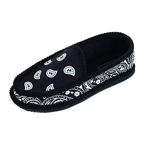 Men's Bandana Print Slip On House Shoe Slipper, 9, Black