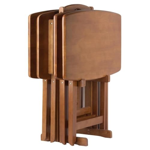 Furnifact Teak Oversized Snack Tables Set of 4 TV Trays with Stand Foldable Sturdy Wooden Tables for Eating Working or Entertaining in Any Space
