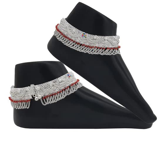 Indian Traditional White Metal Anklets Payal Pair for Women Girls Fancy Collection with Silver Plating Attached Chain - Fashion Designer Barefoot Foot Jewelry (B0B3Z53TKG) Amazon Price History, Amazon Price Tracker