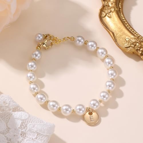 Miss Pink Initial Flower Proposal Bracelet with Letter V, Flower Grl Personalized V Charm Pearl Bracelet Gold Plated for Wedding Day Birthday Christmas Graduation Gifts for Daughter Niece (V) by Miss Pink - Used condition - Image 3