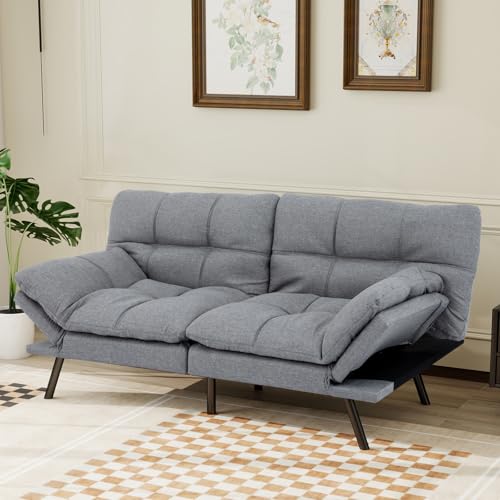Image of MUUEGM Futon Sofa Bed Convertible Couch,Memory Foam Futon Sofa Couch,Sleeper Futons Sofa Couches,Small Splitback Modern Loveseat Sofa Bed for Living Room,Office,Apartment,Linen Fabric,Light Gray.