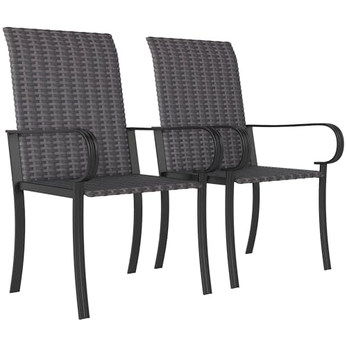 Outsunny Set of 2 Outdoor Wicker Dining Chairs, All-Weather Rattan Armchairs with Armrests, Steel Frame, High Back and Deep Seating, for Garden, Patio, Deck, Yard, Poolside, Brown