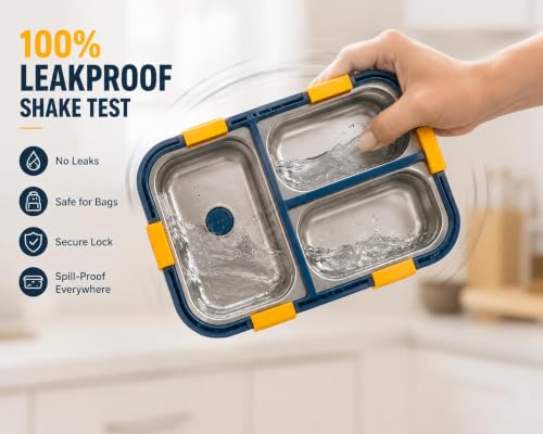 Image of 800 ml Stainless Steel Lunch Box, 3 Compartments, Blue | Leak-Proof Tiffin, Includes Spoon & Fork, BPA-Free Food Grade Steel, Dishwasher Safe, for School & Office