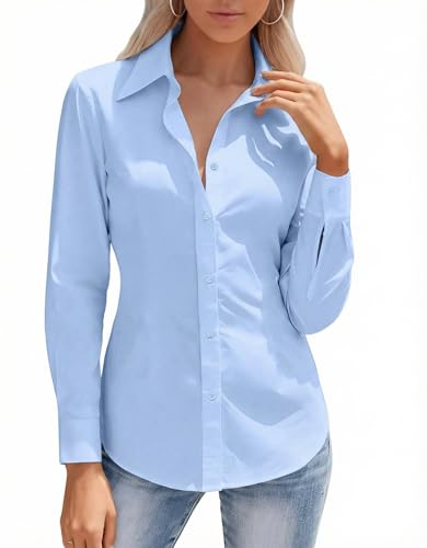 HOTOUCH Fitted Button Down Shirts for Women Basic Long Sleeve Stretch Shirt Slim Waitress Work Outfits Light Blue L