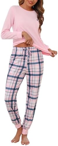 Bresdk Schlafanzug Damen Lang Pyjama Baumwolle Set Nachtwäsche mit Bündchen | Bequemer Hausanzug Damen, karierte Hose, Brusttasche, verstellbarer Kordelzug, ideal zum Schlafen und