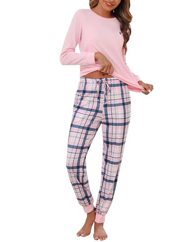 Bresdk Pyjama Damen Schlafanzug Lang mit Bündchen Kariert Kuschelig Loungwear Rosa S