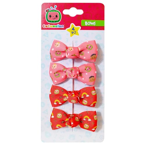 CocoMelon Baby Girl Bows - 4 Fully Lined Soft Fabric Matching Newborn Bows & Hair Clips for Baby Girls