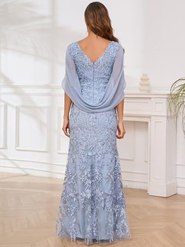 Mermaid Lace Mother of The Bride Dresses for Wedding with Cape Sleeves Chiffon Evening Gown2