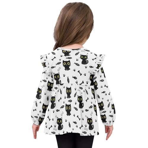 Black Cat Footprint with Fishes Girls Shirts Cotton Long Sleeve Ruffle Toddler Tee Tops4