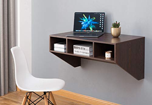 Wall Mounted Office Computer Desk With Three Compartments, Brown #TOP1