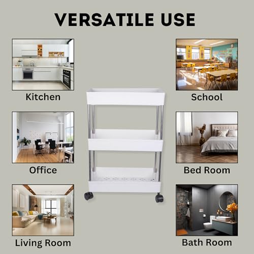 Image of Multipurpose 3-Tier Storage Shelf, Storage Rack with Wheels, Storage Organizer Cart for Kitchen, Pantry Closet, Bedroom, Bathroom(3 Layer, White)