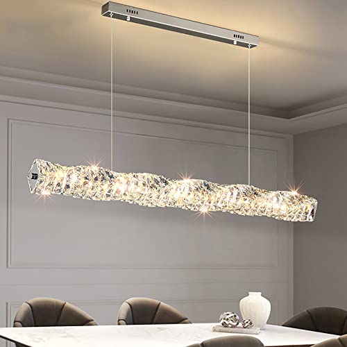 NEOCHY Chandeliers,Linear Crystal Light, Led Hanging Ceiling Light Fixture for Dining Room Living,Modern Rectangular Crystal Chandelier for Kitchen/Silver/100 * 12Cm(39 * 5Inch)