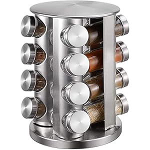 Spice-rack 16 glazen potten roestvrij staal Spice rack 360°roterende carrousel voor kruiden opslag keuken,barbecue…