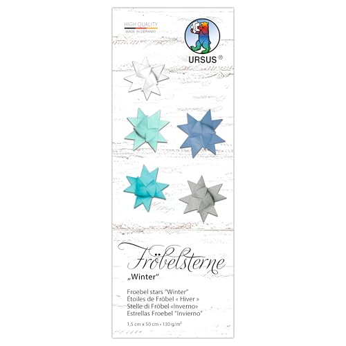 Ursus 3513 00 99 - Fröbelsterne 'Winter', 130 g/m² aus Tonzeichenpapier, 80 Faltstreifen, Größe 1 x 50 cm, Ø 4,3 cm, 5 Farben, mit Bastelanleitung, DIY Bastelpapier zum falten