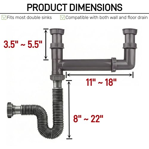 Double Bowl Kitchen Sink Drain Kit – End Outlet Waste for 1-1/2 Inch Drains – Adjustable Width (11\" to 18\") – PP Tubular Plumbing with Flexible P-Trap Hose & Sealing Tape