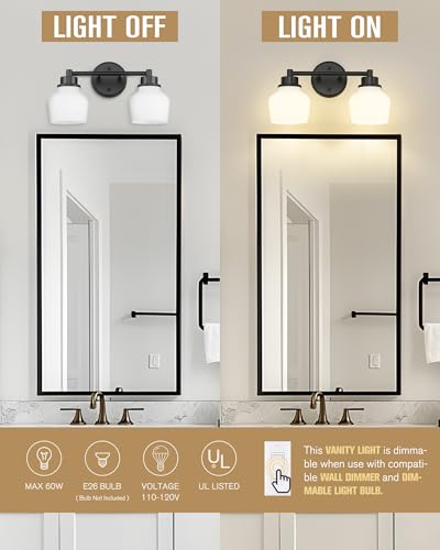 Image of Emak 2-Light Vanity Light, Modern Farmhouse Black Bathroom Fixture Over Mirror With Milk Glass Shade, VL122-BK-ML-2
