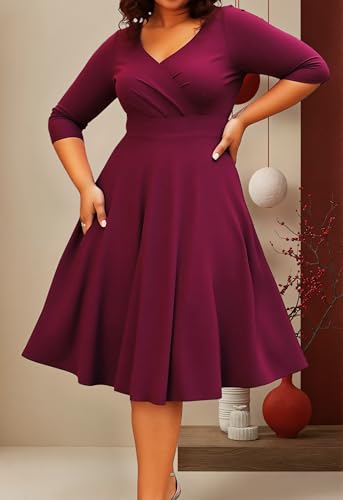 Image of Womens Plus Size Dresses Faux Wrap Summer Dress 3 /4 Sleeves V Neck 1950s Retro Vintage Wedding Party Midi Dress
