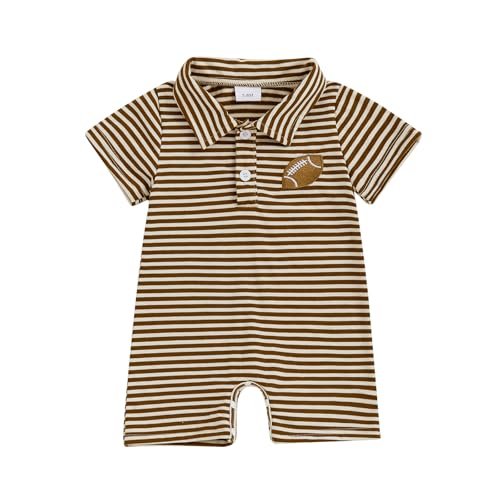 Image of Karuedoo Newborn Baby Boy Football Outfit Embroidery Stripe Button Down Collared Shirt Romper Short Sleeve Jumpsuit Bodysuit
