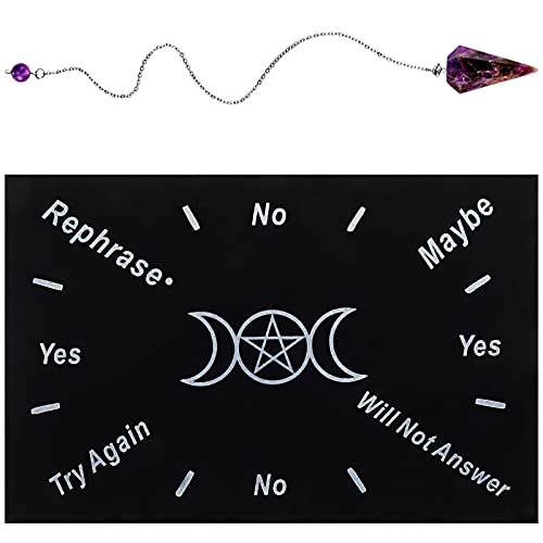 1 Piece Triple Moon Pentagram Pendulum Divination Dowsing Mat and 1 Pieces Gemstone Healing Dowsing Pendulum with White Metal Chain Divination Pendent Necklace for Reiki Meditation Yoga Balancing