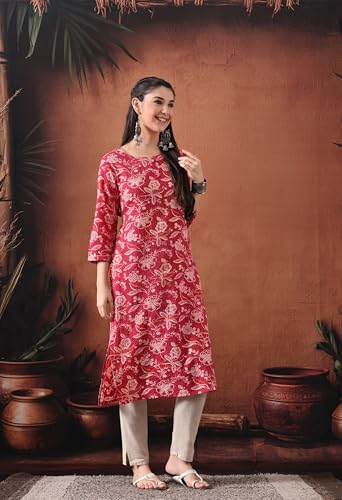 Image of Ichaa Women's Pure Cotton A-Line Katha-Work Ethnic Round-Neck Kurta with 3 /4th Sleeve for Daily and Office Wear, in Plus Sizes