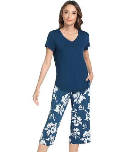 Image of NACHILA Bamboo Viscose Pajamas for Women Lace V Neck Capri Pants Pjs Set