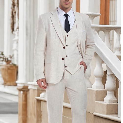Men's 3 Piece Linen Suit Set Slim Fit Casual Lightweight Blazer Jacket Vest Pants Tuxedo Set for Party Wedding4