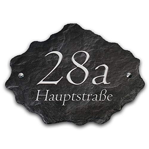 Hausnummer mit Wunschtext aus echtem Schiefer Naturschiefer Hausnummernschild Groß 40x30cm XXL inkl. Montagematerial HNR002 in (Schwarz/Grau)