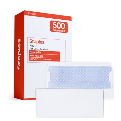 Staples #10 White Security‑Tinted Business Envelopes, Self‑Seal, Premium Office Mailing Envelopes, 500/Pack