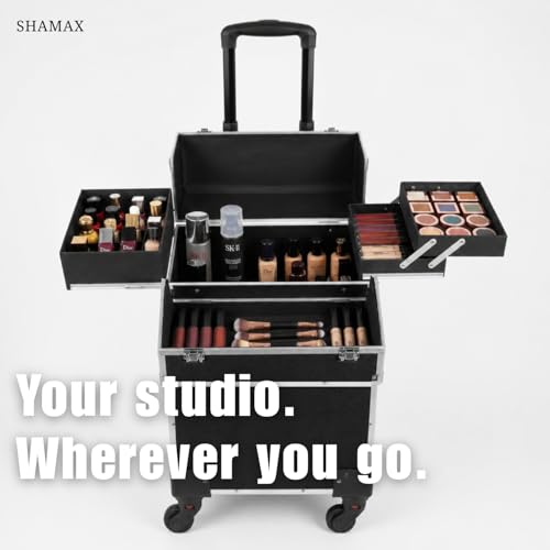 Image of SHAMAX Professional Rolling Makeup Case, Cosmetic Organizer Trolley, MUA & Salon Artist Storage Vanity Locks - Trolley for Hairdressers, Salons, Beauty Lovers - 360 Universal Wheels (3599 /BS)