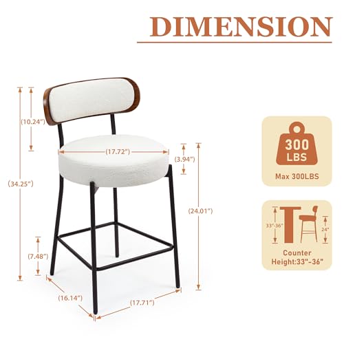 Butacos de barra Bouclé, set de 3 butacos de madera para altura de mostrador, butacos tapizados de 24 pulgadas con respaldo, sillas modernas para isla de cocina y barra desayunadora, estructura metálica, blanco miniatura 2