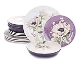 Bico Purple Poppy Ceramic 12 pcs Dinnerware Set, Service for 4, Inclusive of 11 inch Dinner Plates, 8.75 inch Salad Plates and 35oz Dinner Bowls, for Party, Microwave & Dishwasher Safe