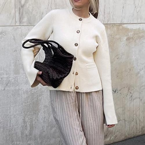 Image of Womens Slim Fit Cardigan Sweaters Long Sleeve Button Down Open Front Solid Crop Sweater Coat with Pockets