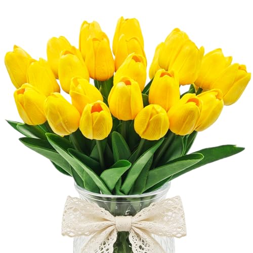 Tdsuco 25Pcs Tulips Artificial Flowers Faux Tulips Artificial Tulips Real Touch Tulip Fake Flowers Bouquets for Spring Wedding Home Kitchen Office Party Decor (Yellow)
