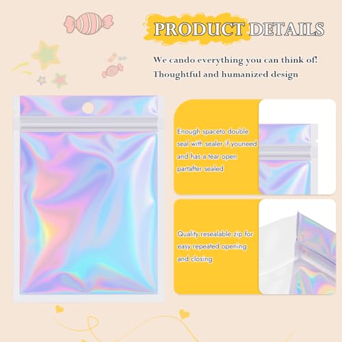 100pcs Holographic Mylar Zip Lock Bags Resealable 10.4 x 14.9 cm, Sealable Foil Sample Pouch Gift Baggies for Candy Snack Jewelry Lash Lip Gloss
