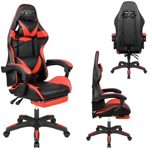 A.M.C. Sedia da Gaming Reclinabile, Poltrona Ufficio girevole, con rotelle, ergonomica, poggiatesta e cuscino lombare, Portata: 125kg (ROSSO)