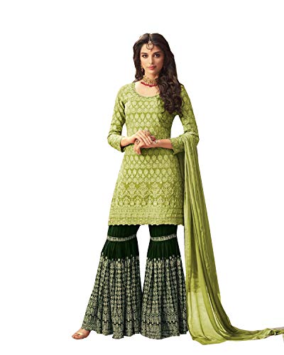 Image of ZIYA Women's Georgette Embroidered Sharara - Mohini Collection Indian Pakistani Sharara Palazzo Suit (Green, Size M- 40)