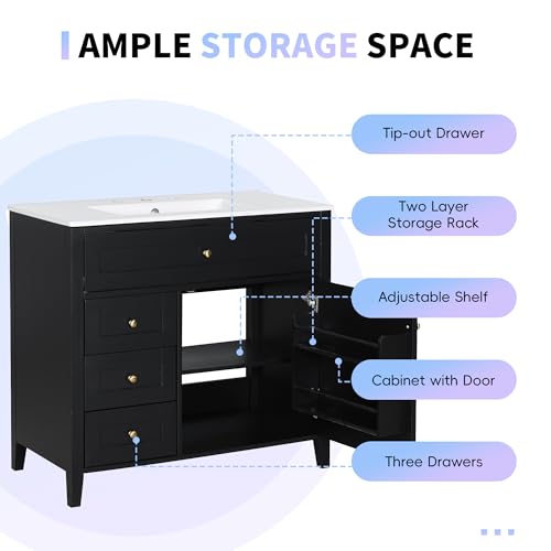 Image of 36 inch Bathroom Vanities with Top Set, Cabinet with Multi-Functional Tip-Out Drawer and Adjustable Shelf, Soft-Closing Door, Solid Wood Legs, Black