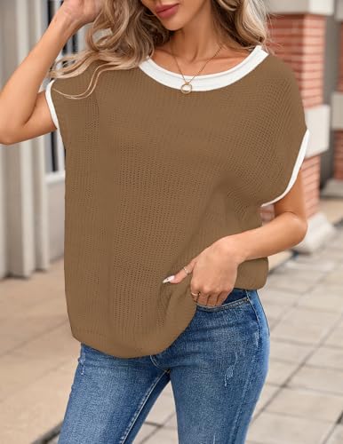 Image of Libsorge Womens Oversized Lightweight Cute Striped Sweater Vest Spring 2025 Crewneck Hollow Out Thin Cap Sleeve Knit Top
