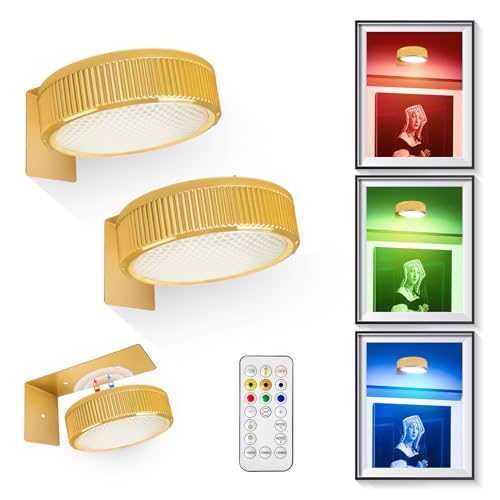 HWAWFS Wireless Picture Light, 20 RGB Color Magnetic Lights, Adjustable Timer Led Picture Frame Art Display Light, Wireless Gallery Display Wall Photo Light, 3 Pack Gold